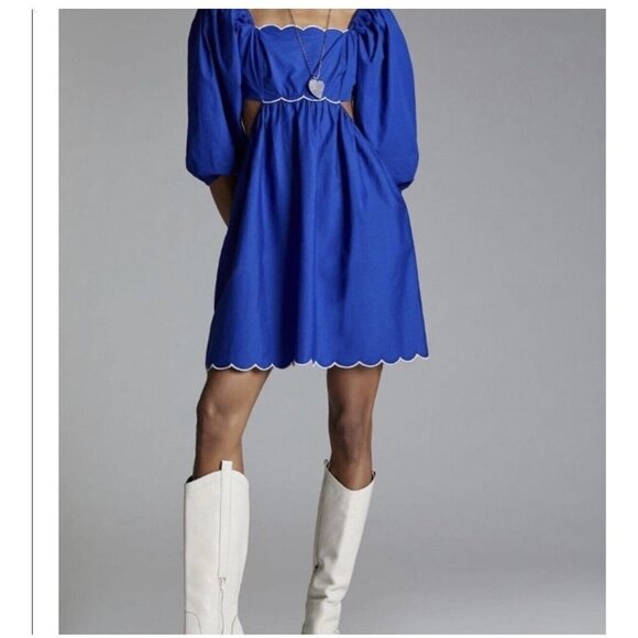 Anthropologie Forever That Girl Mimi Blue Scalloped Mini Dress Tie Back S New - Picture 2 of 9